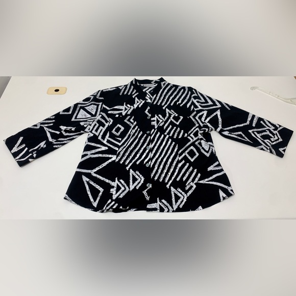 1990s Vintage KATHY CHE Black & White Double Breast Pocket Button Down Top - Picture 5 of 16